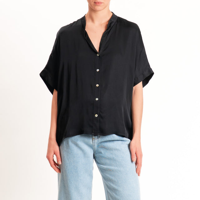 Motel-Camicia collo coreana manica scesa in satin - nero