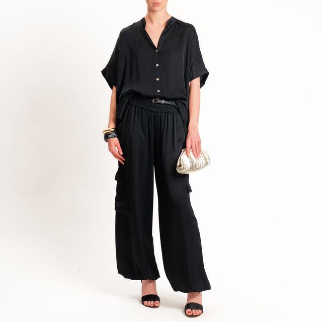 Motel-Camicia collo coreana manica scesa in satin - nero