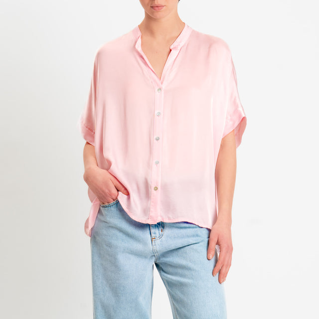 Motel-Camicia collo coreana manica scesa in satin - pink