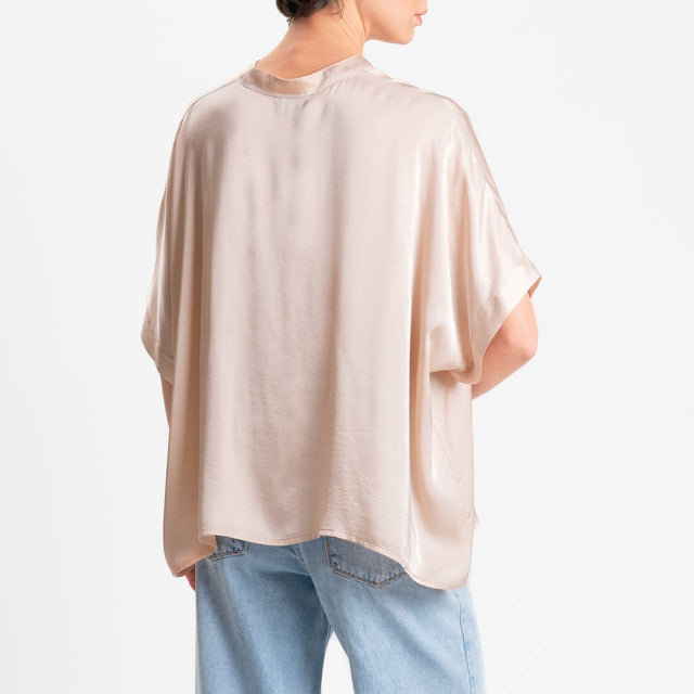 Motel-Camicia collo coreana manica scesa in satin - rose