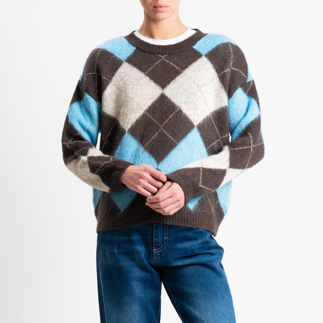 Motel-Maglia mohair rombi con spalline - moro/celeste/naturale