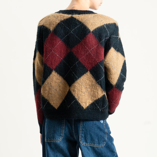 Motel-Maglia mohair rombi con spalline - nero/camel/bordeaux