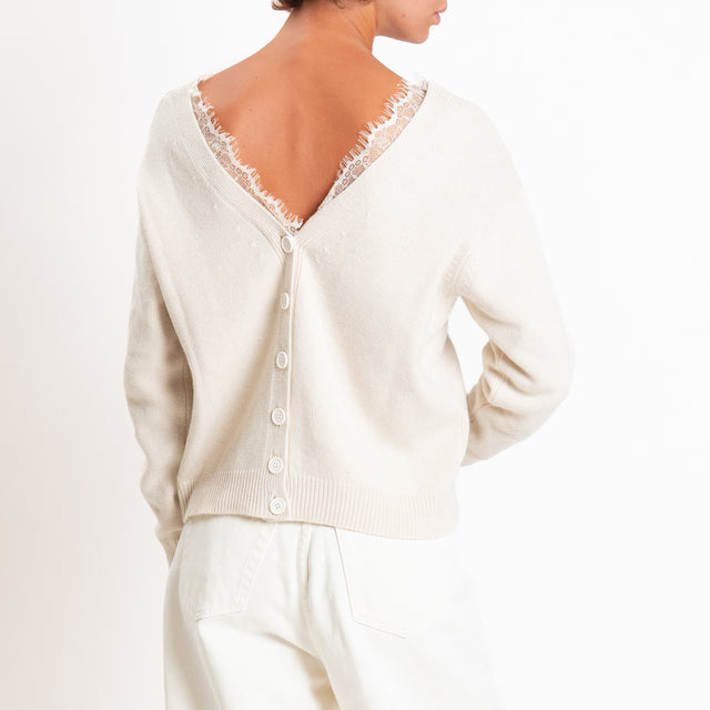 Motel-Cardigan misto cashmere doppio scollo v con pizzo - ecru'