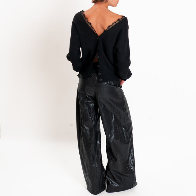 Motel-Cardigan misto cashmere doppio scollo v con pizzo - nero