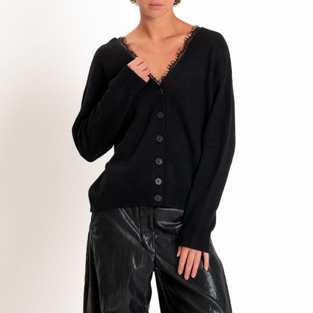 Motel-Cardigan misto cashmere doppio scollo v con pizzo - nero