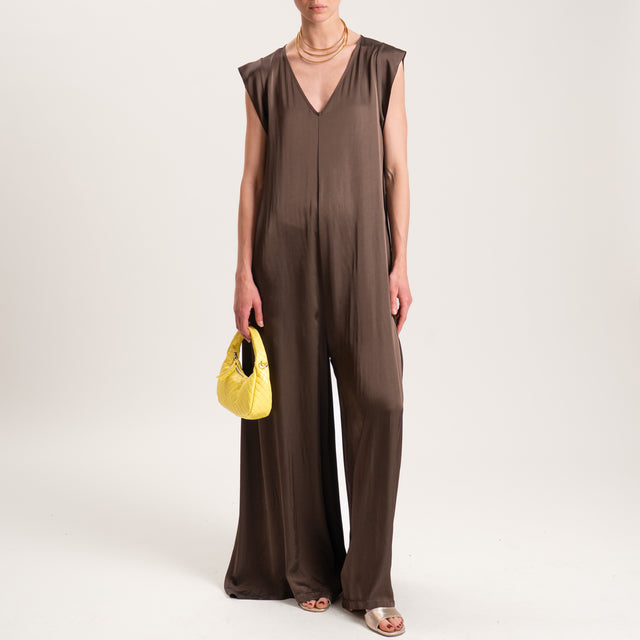 Motel-Tuta scollo v in satin con tasche laterali - moka