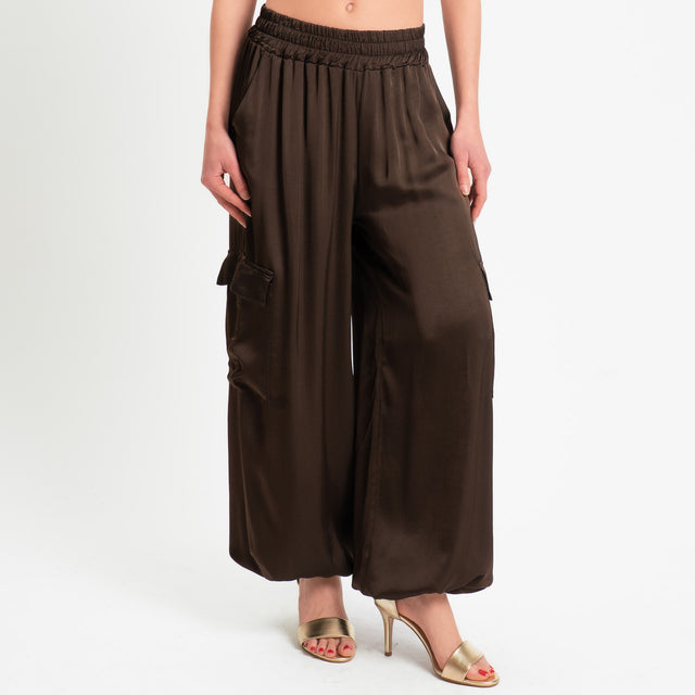 Motel-Pantalone cargo in satin elastico in vita - caffe'