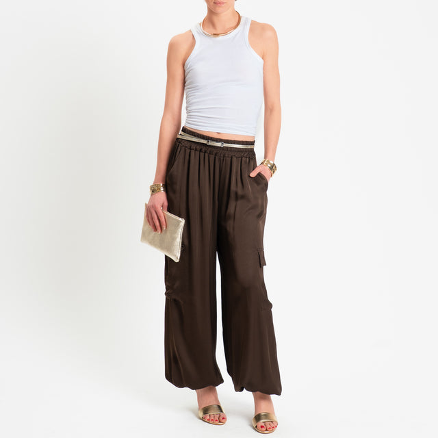 Motel-Pantalone cargo in satin elastico in vita - caffe'