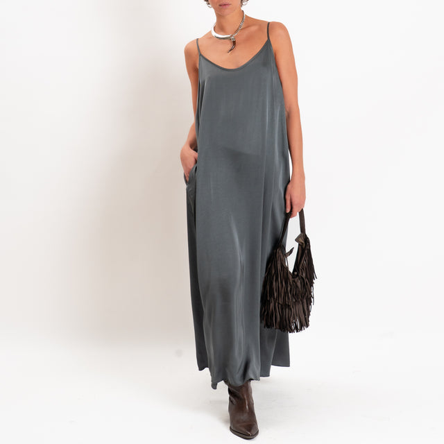 Motel-Abito in satin bretelle regolabili con tasche - piombo