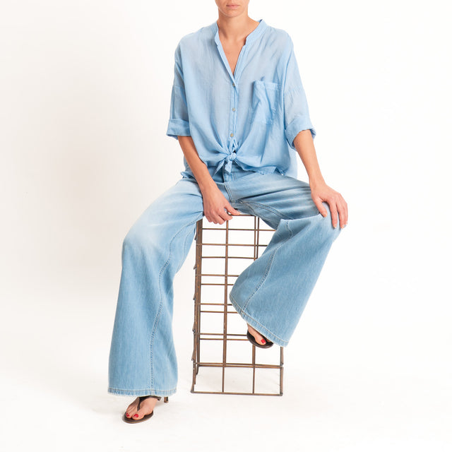 Motel-Camicia mussola collo coreana con taschino - azzurro