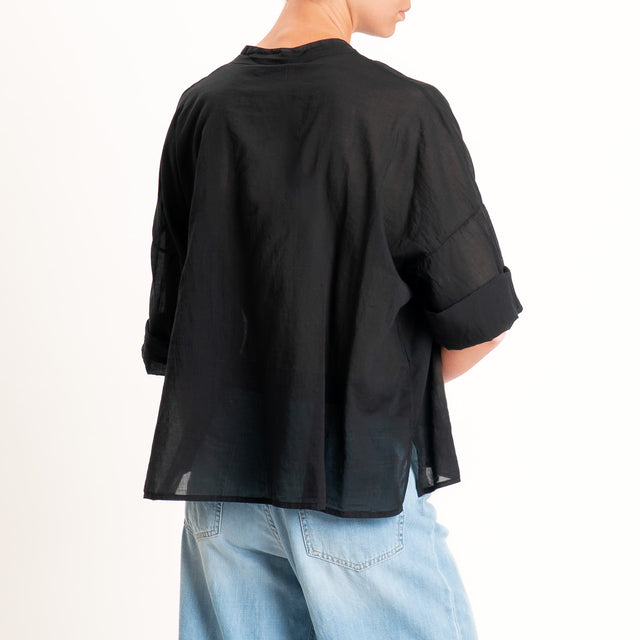 Motel-Camicia mussola collo coreana con taschino - Nero