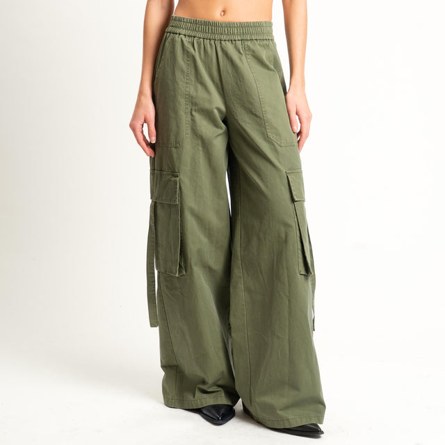 Motel-Pantalone cargo wide leg elastico in vita - militare