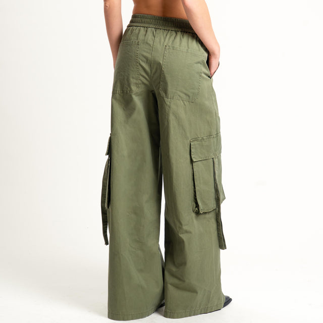 Motel-Pantalone cargo wide leg elastico in vita - militare