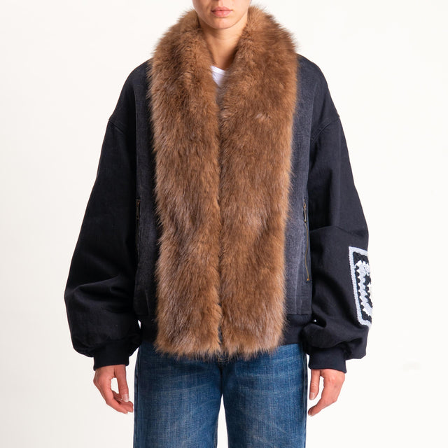 Motel-Bomber in denim collo ecopelliccia - nero