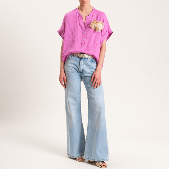 Motel-Camicia in lino mezza manica con spilla - orchidea
