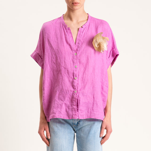 Motel-Camicia in lino mezza manica con spilla - orchidea