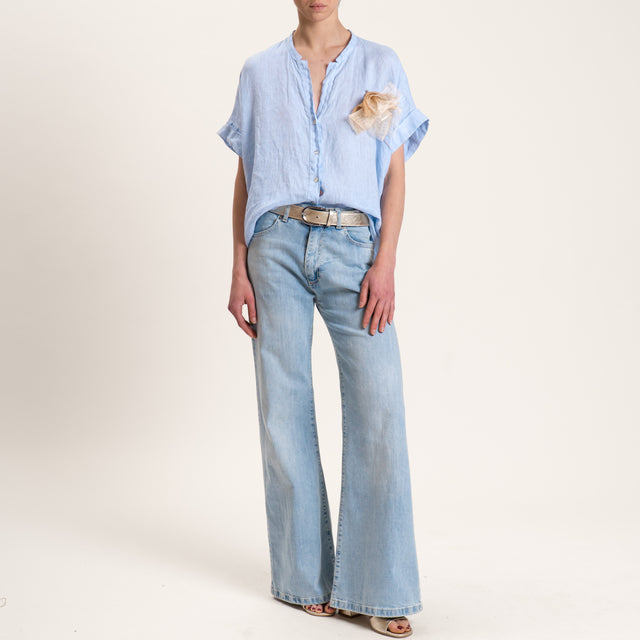 Motel-Camicia in lino mezza manica con spilla - cielo