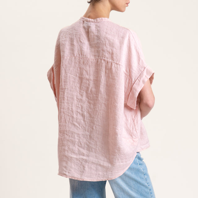 Motel-Camicia in lino mezza manica con spilla - cipria