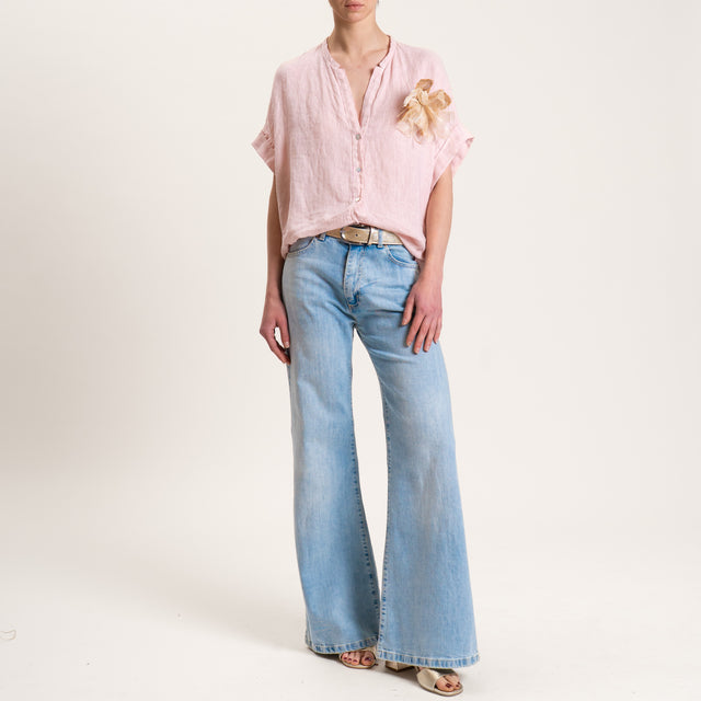 Motel-Camicia in lino mezza manica con spilla - cipria