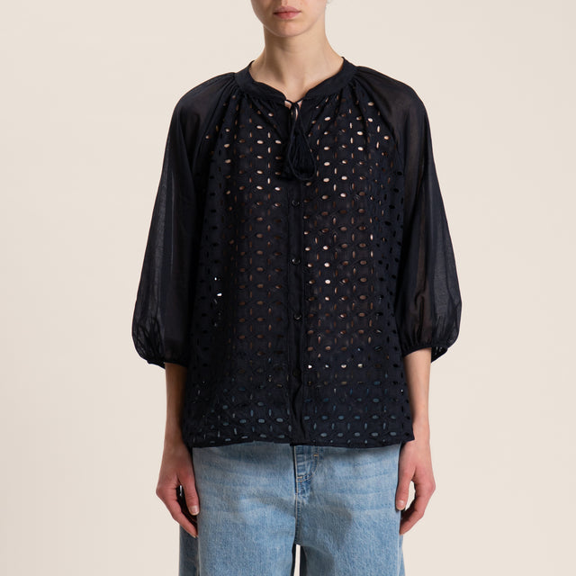 Motel-Camicia doppio tessuto con nappine - nero