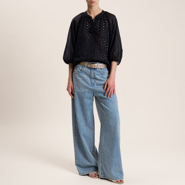 Motel-Camicia doppio tessuto con nappine - nero