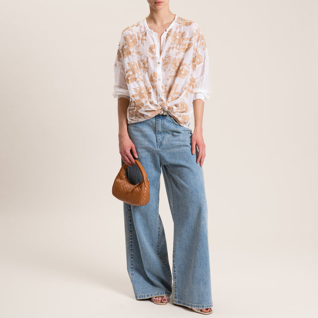 Motel-Camicia mussola MISTO SETA con ricami - burro