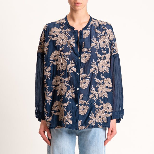 Motel-Camicia mussola MISTO SETA con ricami - Blu