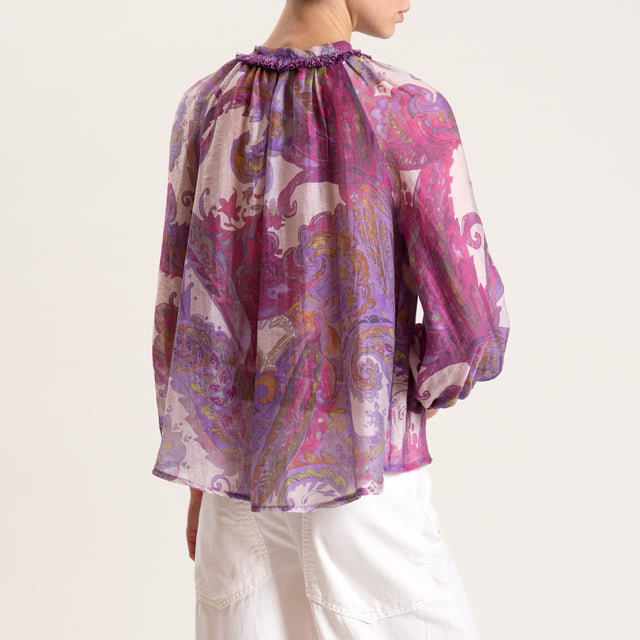 Motel-Blusa mussola lyocell fantasia con nappine - cipria/viola/ciclamino