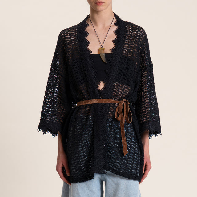 Motel-Cardigan crochet con cintura - nero
