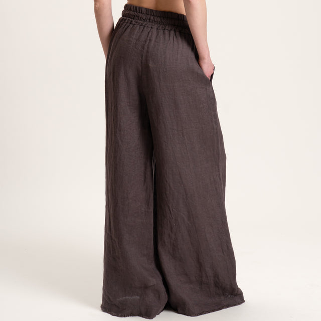 Motel-Pantalone palazzo in lino con coulisse - moro