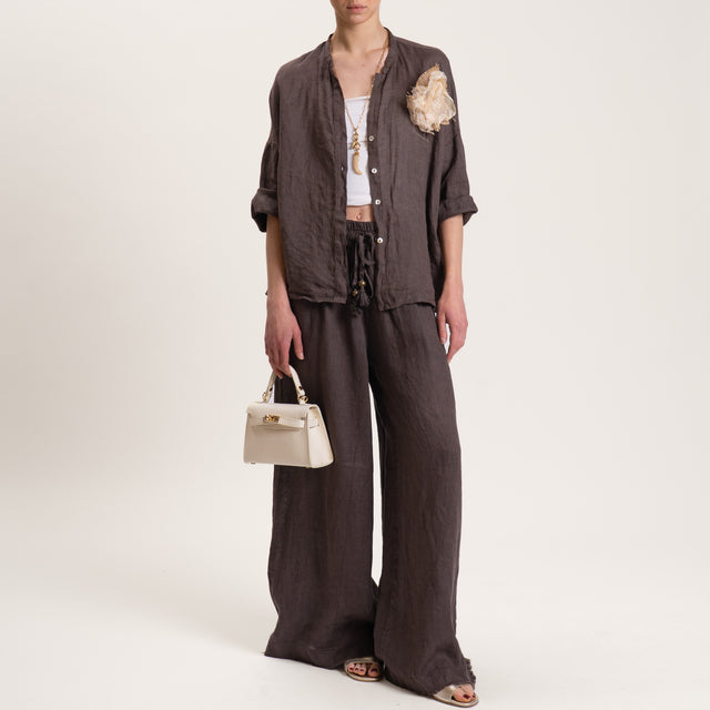 Motel-Pantalone palazzo in lino con coulisse - moro