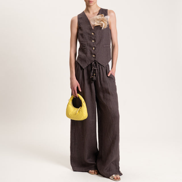 Motel-Pantalone palazzo in lino con coulisse - moro