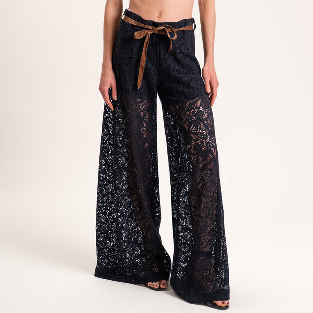 Motel-Pantalone pizzo crochet con cintura - nero
