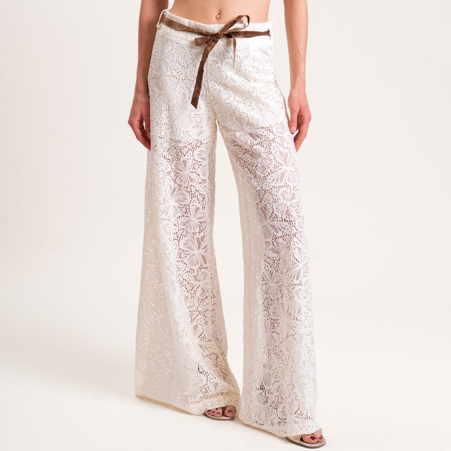 Motel-Pantalone pizzo crochet con cintura - panna