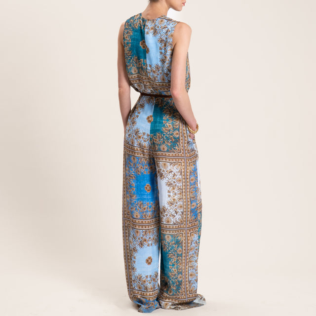 Mono Motel con cuello en V y estampado en viscosa - azul claro/marrón oscuro/beige