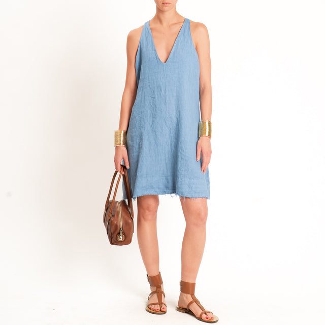 Motel-Abito scollo v sfrangiato 100% lino - jeans