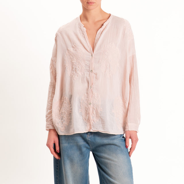 Motel-Camicia mussola misto seta con ricami - cipria