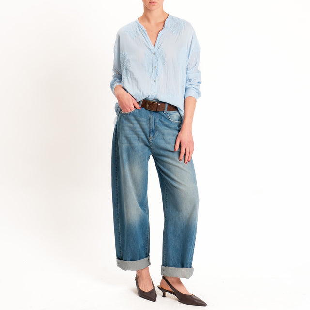 Motel-Camicia mussola misto seta con ricami - sky