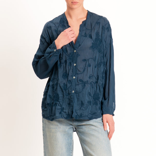Motel-Camicia mussola misto seta con ricami - blu