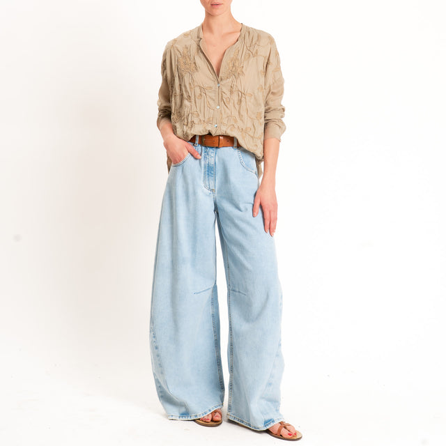 Motel-Camicia mussola misto seta con ricami - cammello
