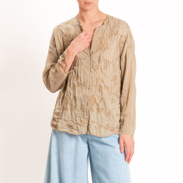 Motel-Camicia mussola misto seta con ricami - cammello