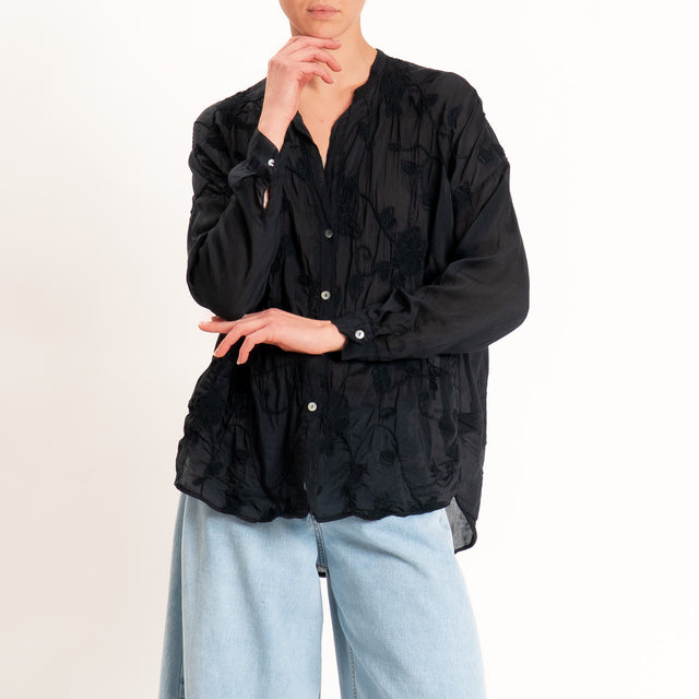 Motel-Camicia mussola misto seta con ricami - nero