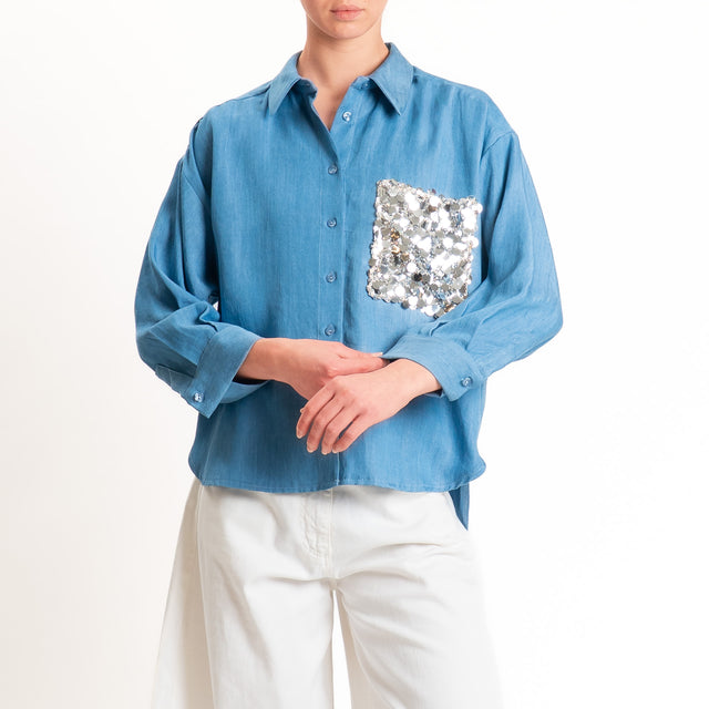 Motel-Camicia chambray con taschino maxi paillettes - denim