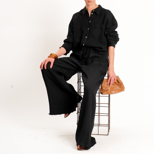 Motel-Camicia 100% lino bordi sfrangiati - nero