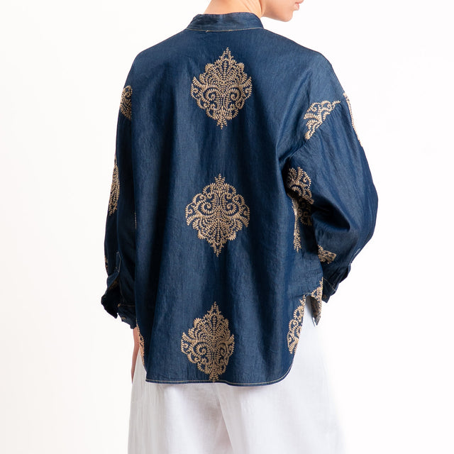 Motel-Camicia chambray con ricami - denim/biscotto