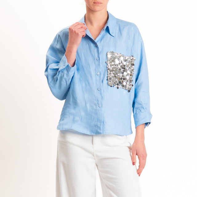Motel-Camicia 100% lino tasca paillettes - azzurro