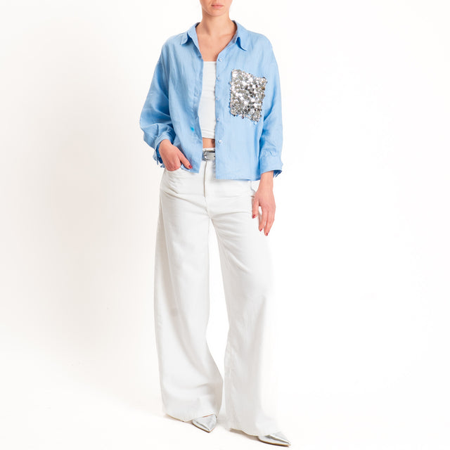 Motel-Camicia 100% lino tasca paillettes - azzurro