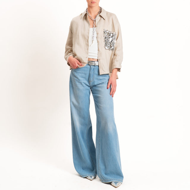 Motel-Camicia 100% lino tasca paillettes - beige