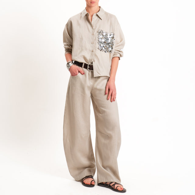 Motel-Camicia 100% lino tasca paillettes - beige