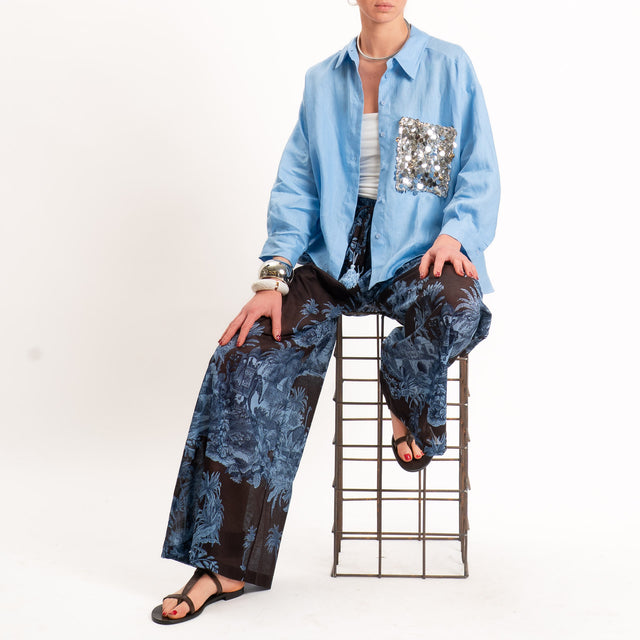 Motel-Camicia 100% lino tasca paillettes - azzurro